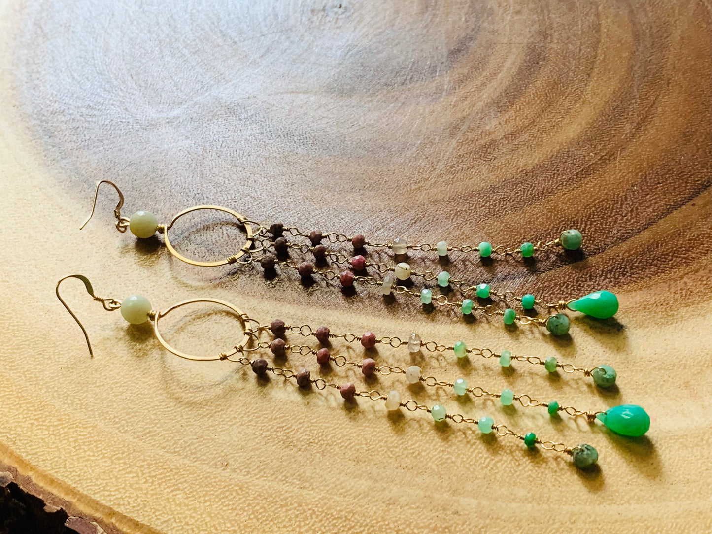 Goldfilled Earrings, Rhondonite, Chrysoprase, Emeralds, and Amazonite