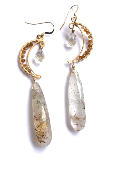 Hessonite, Clear Quartz and Golden Rutile, Gold filled Earrings