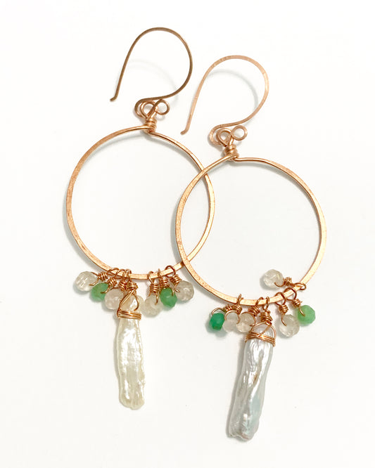 Copper Earrings, Fresh Water Pearls, Opal and Chrysoprase