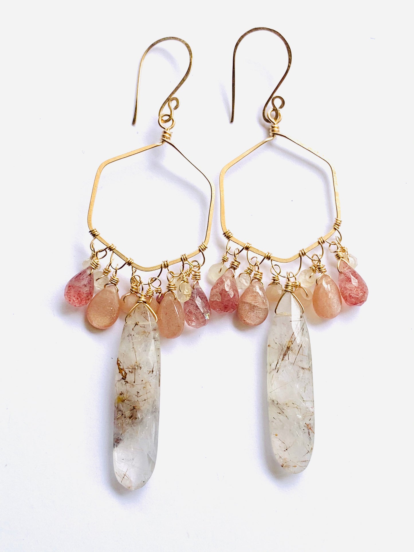 Autumn, Goldfilled Earrings, Golden Rutile Quartz, Sunstone, Strawberry Quartz, Citrine