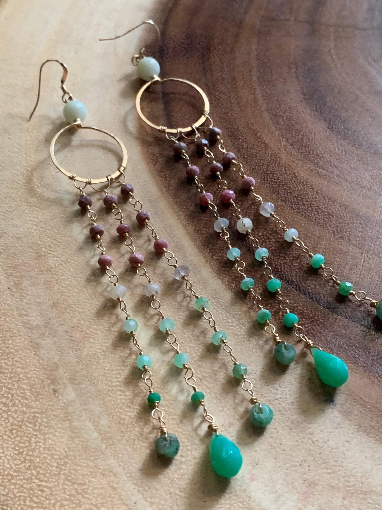 Goldfilled Earrings, Rhondonite, Chrysoprase, Emeralds, and Amazonite