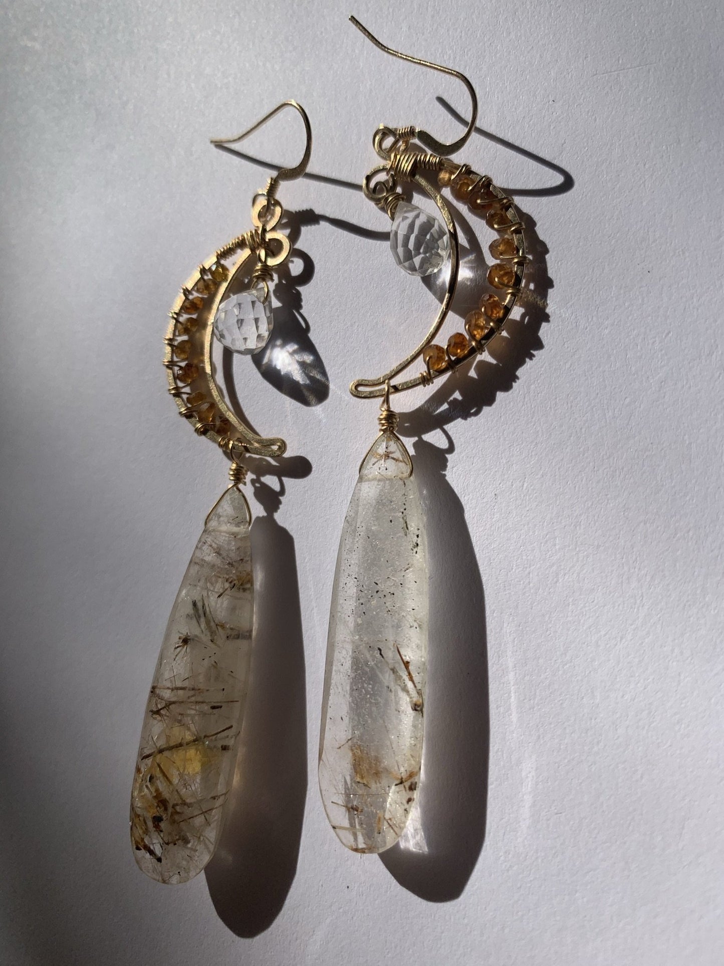 Hessonite, Clear Quartz and Golden Rutile, Gold filled Earrings