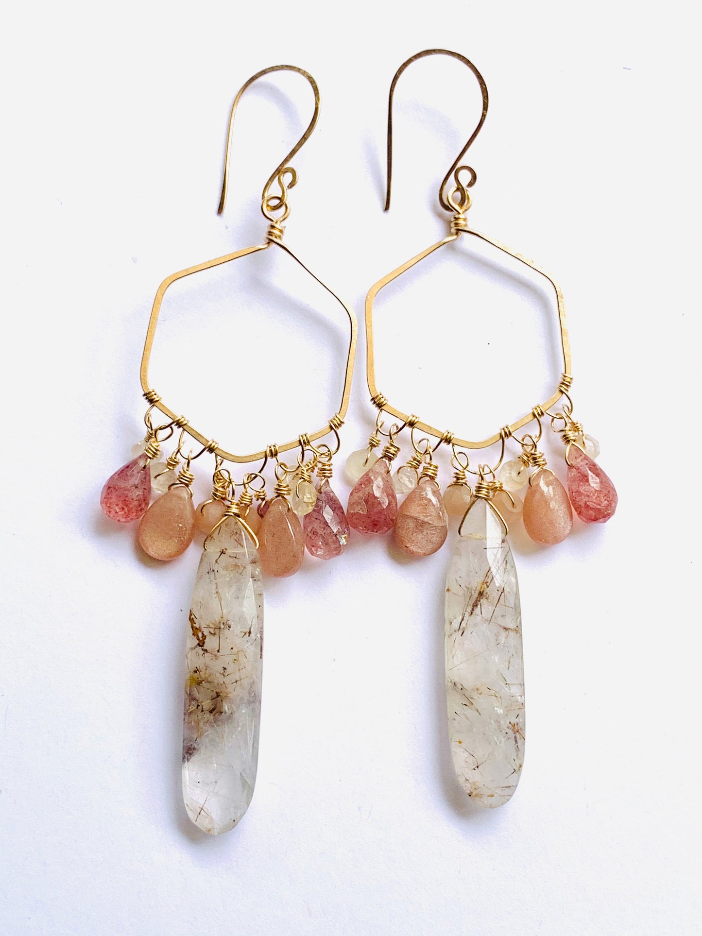 Autumn, Goldfilled Earrings, Golden Rutile Quartz, Sunstone, Strawberry Quartz, Citrine