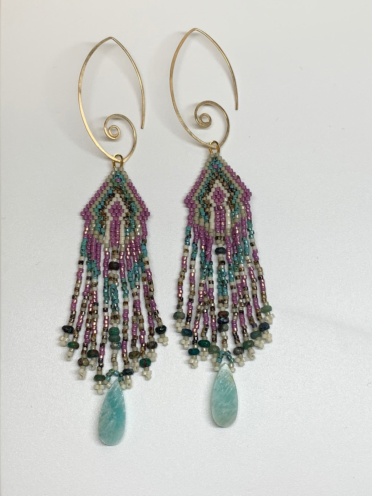 To The Point 14k gold filled hooks miyuki delica fringe on sale earrings pierced Turquoise Green Blue Gray Luster Galvanized Gold 2mm Opal 4.75”