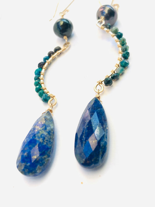 Fern, Tahitian Pearls and Lapis Lazuli in 14kt Gold Filled